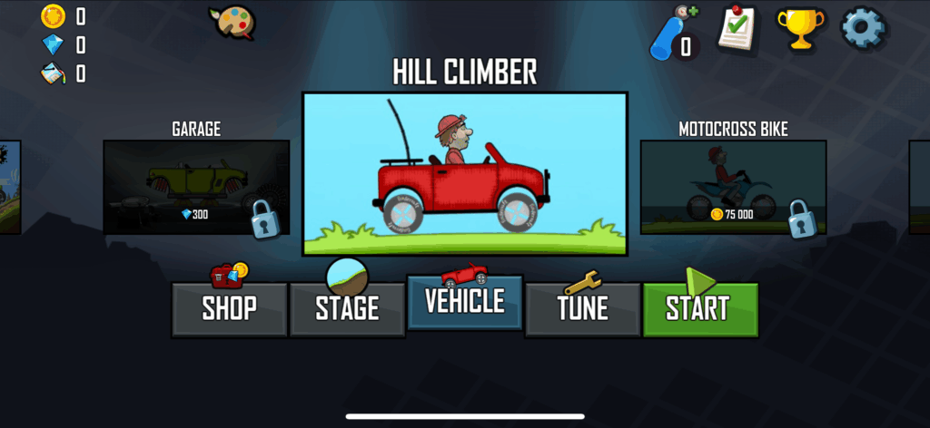 Hill Climb Racing Mod APK character driving a red jeep uphill on a grassy track